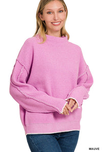 Oversized Mock Neck Raw Hem Chenille Sweater